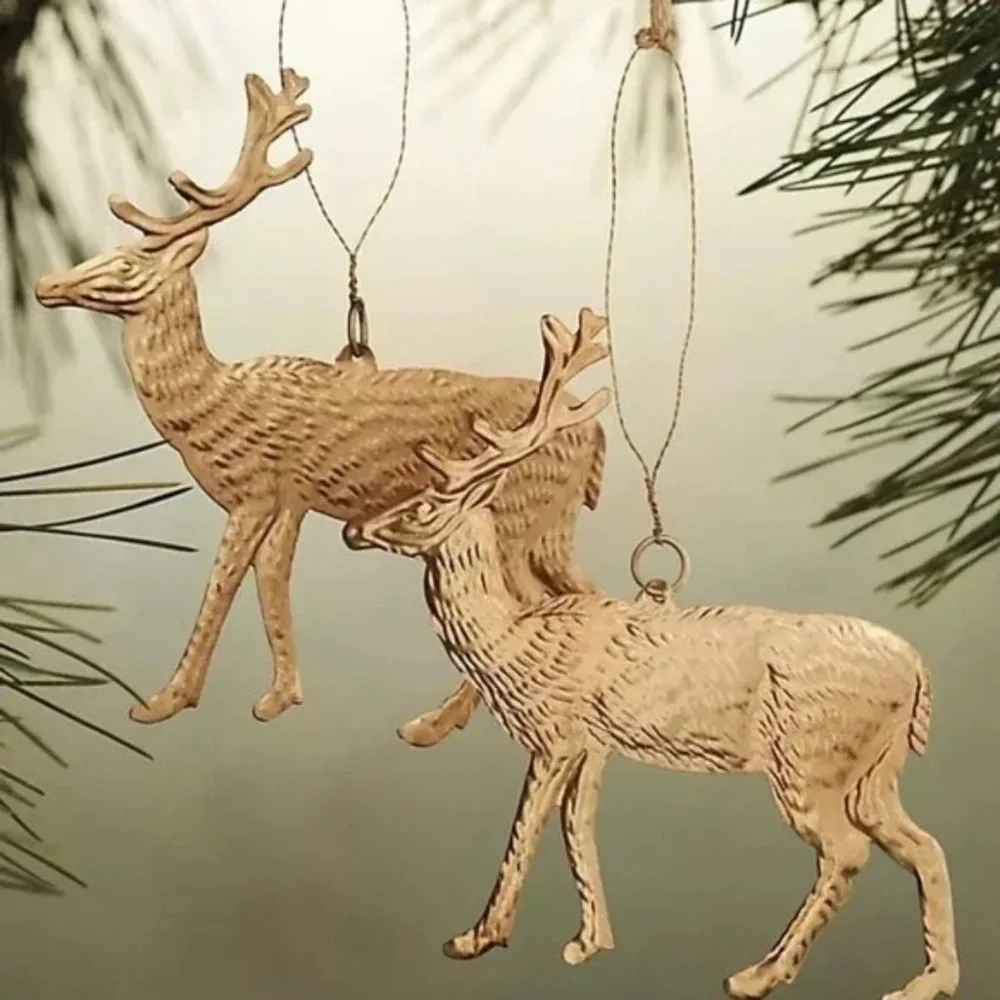 Anthropologie Set of 2 Gilded Deer Christmas Tree Ornaments